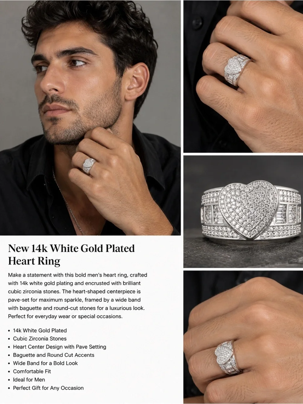 New 14k White Gold Plated Heart Ring